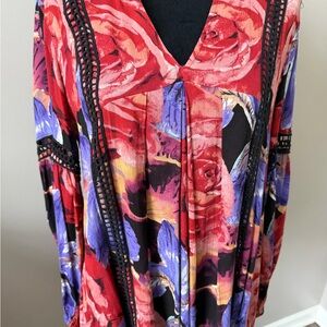 V Cristina Bold Purple & Red Boho Long Sleeve Blouse Medium